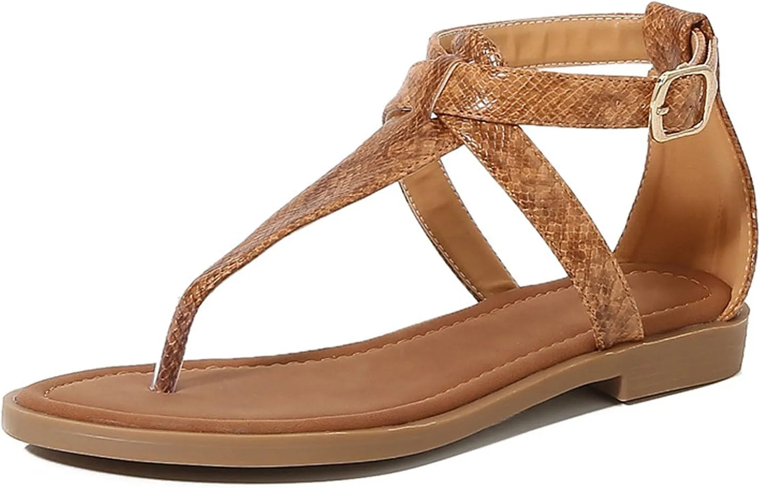 Women's Leather Print Dressy Thong Flat Sandals Fashion Classic Adjustable Ankle Buckle Summer T-Strap Bohemian Clip Toe Sandals for Casual Beach Walking Flip Flops