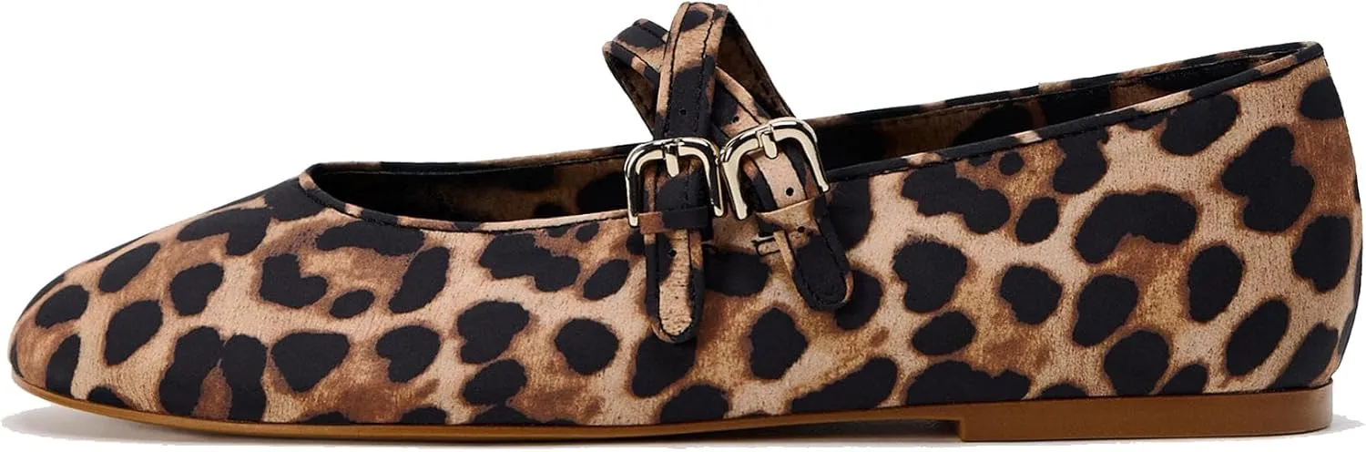 Womens Leopard Print Ballet Flats Round Toe Double Strap Casual Ballerina Shoes Comfortable Red Mary Jane Flat for Women