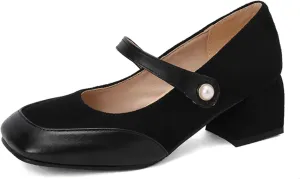 Women's Mary Jane Square Toe Shoes Fashion Patchwork Ankle Strap Buckle Low Chunky Heel Block Closed Casual Work Office Dress Pumps