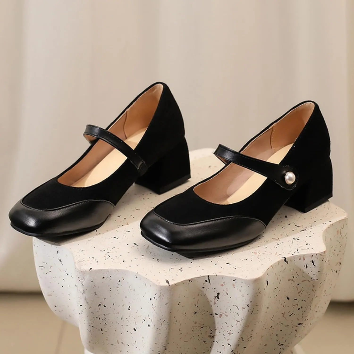 Women's Mary Jane Square Toe Shoes Fashion Patchwork Ankle Strap Buckle Low Chunky Heel Block Closed Casual Work Office Dress Pumps