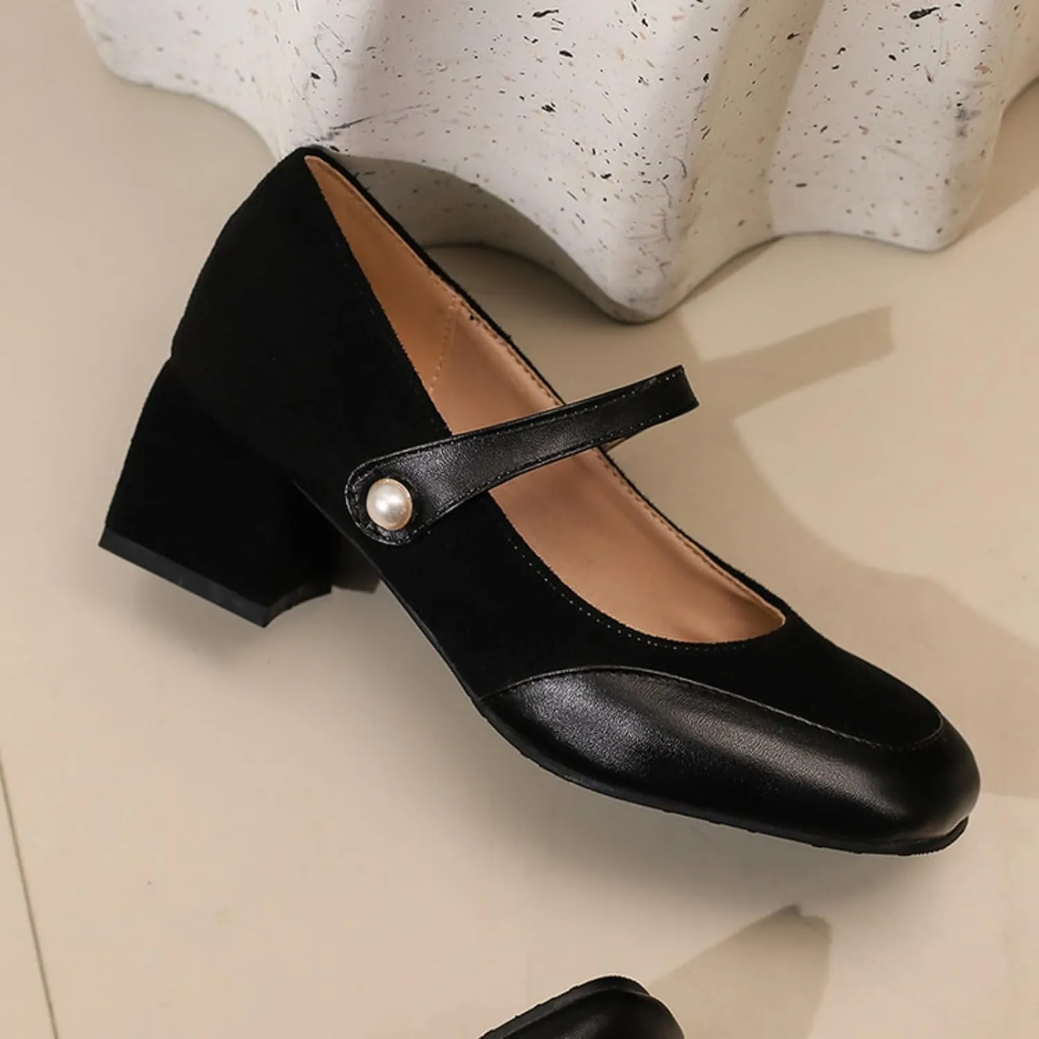 Women's Mary Jane Square Toe Shoes Fashion Patchwork Ankle Strap Buckle Low Chunky Heel Block Closed Casual Work Office Dress Pumps