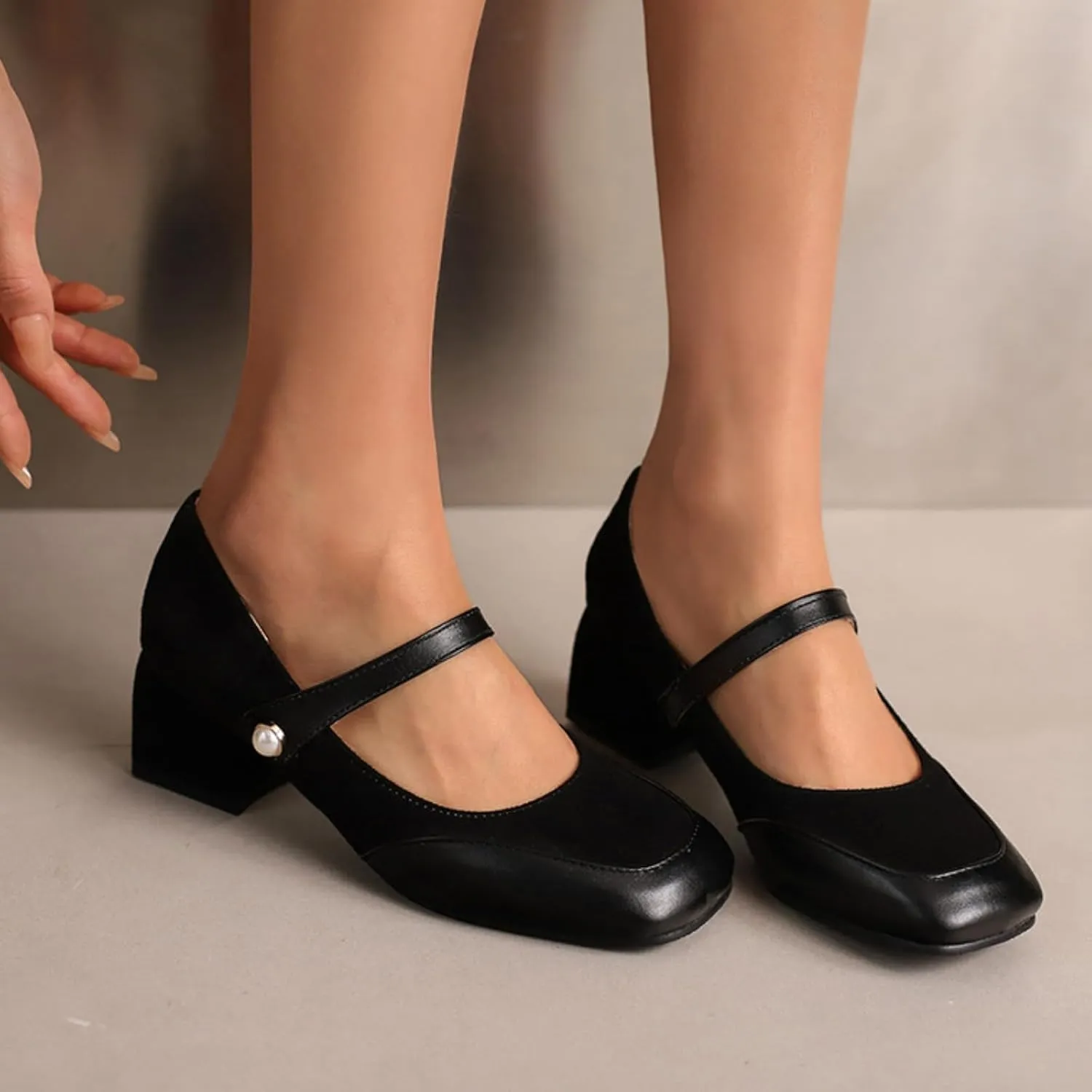 Women's Mary Jane Square Toe Shoes Fashion Patchwork Ankle Strap Buckle Low Chunky Heel Block Closed Casual Work Office Dress Pumps