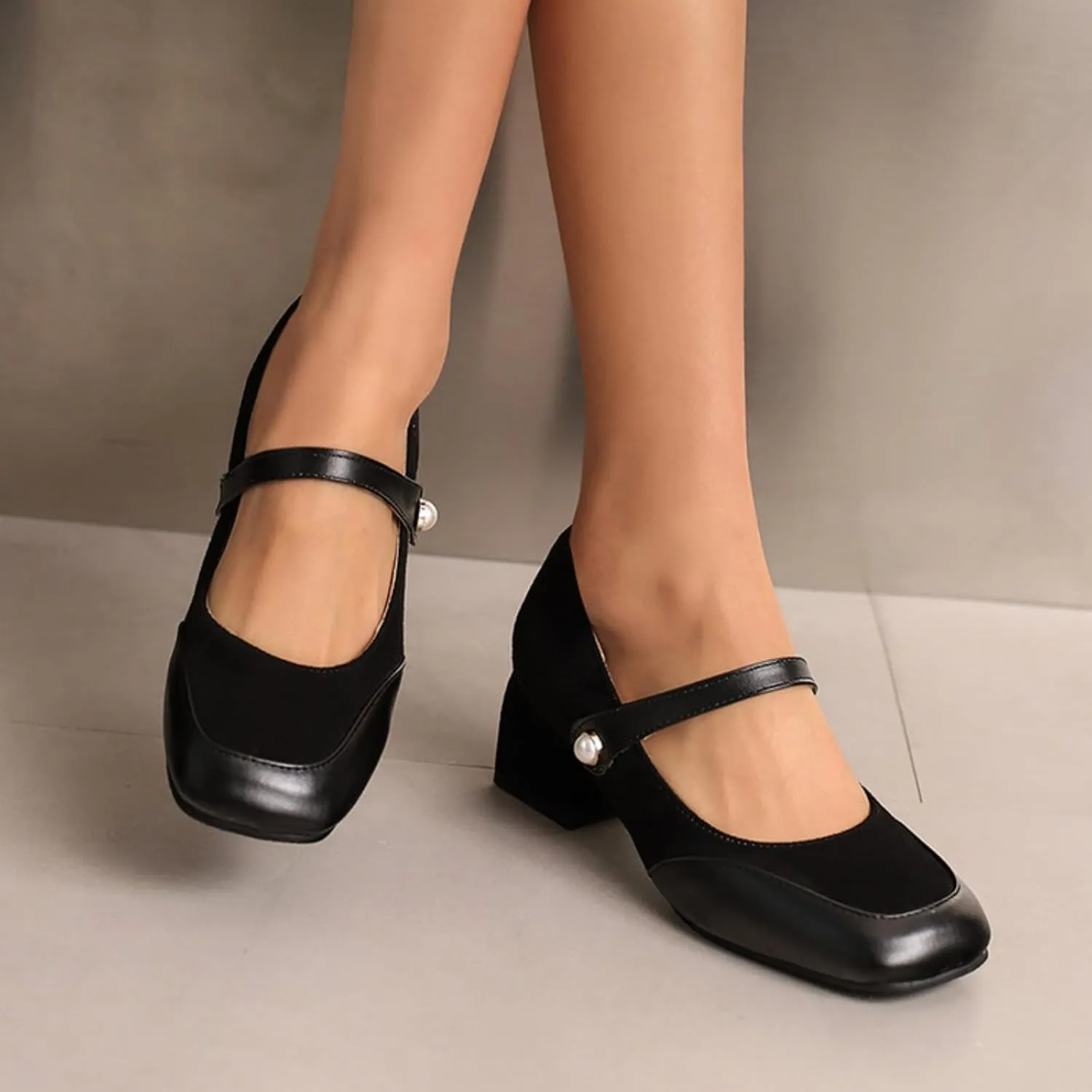 Women's Mary Jane Square Toe Shoes Fashion Patchwork Ankle Strap Buckle Low Chunky Heel Block Closed Casual Work Office Dress Pumps