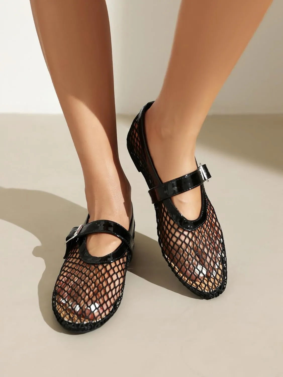 Women's Mesh Ballet Flats Mary Jane Ballerina Buckle Ankle Strap Round Toe Comfy Casual Office Shoes Closed Toe Dress Pumps