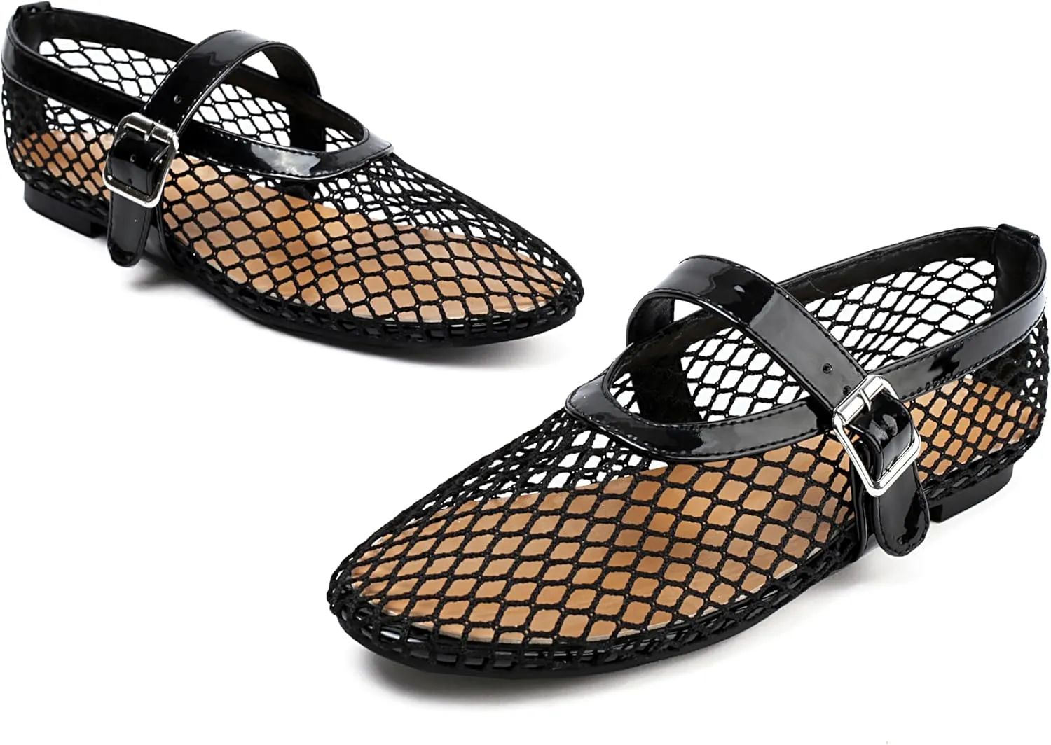 Women's Mesh Ballet Flats Mary Jane Ballerina Buckle Ankle Strap Round Toe Comfy Casual Office Shoes Closed Toe Dress Pumps