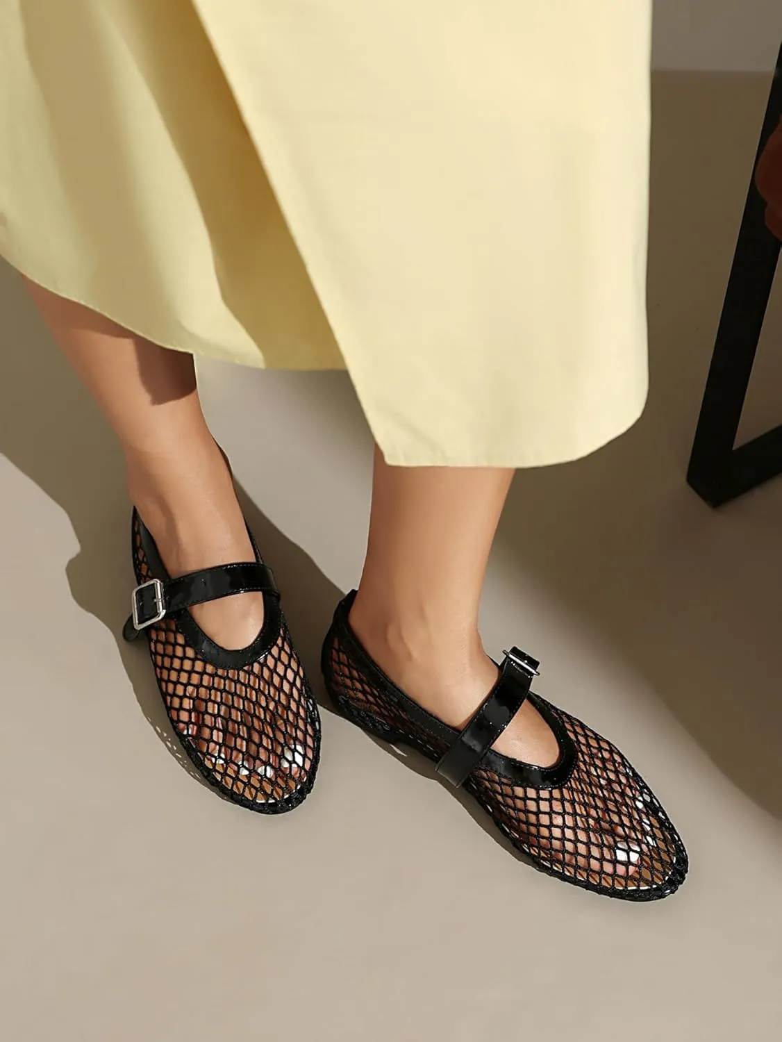 Women's Mesh Ballet Flats Mary Jane Ballerina Buckle Ankle Strap Round Toe Comfy Casual Office Shoes Closed Toe Dress Pumps