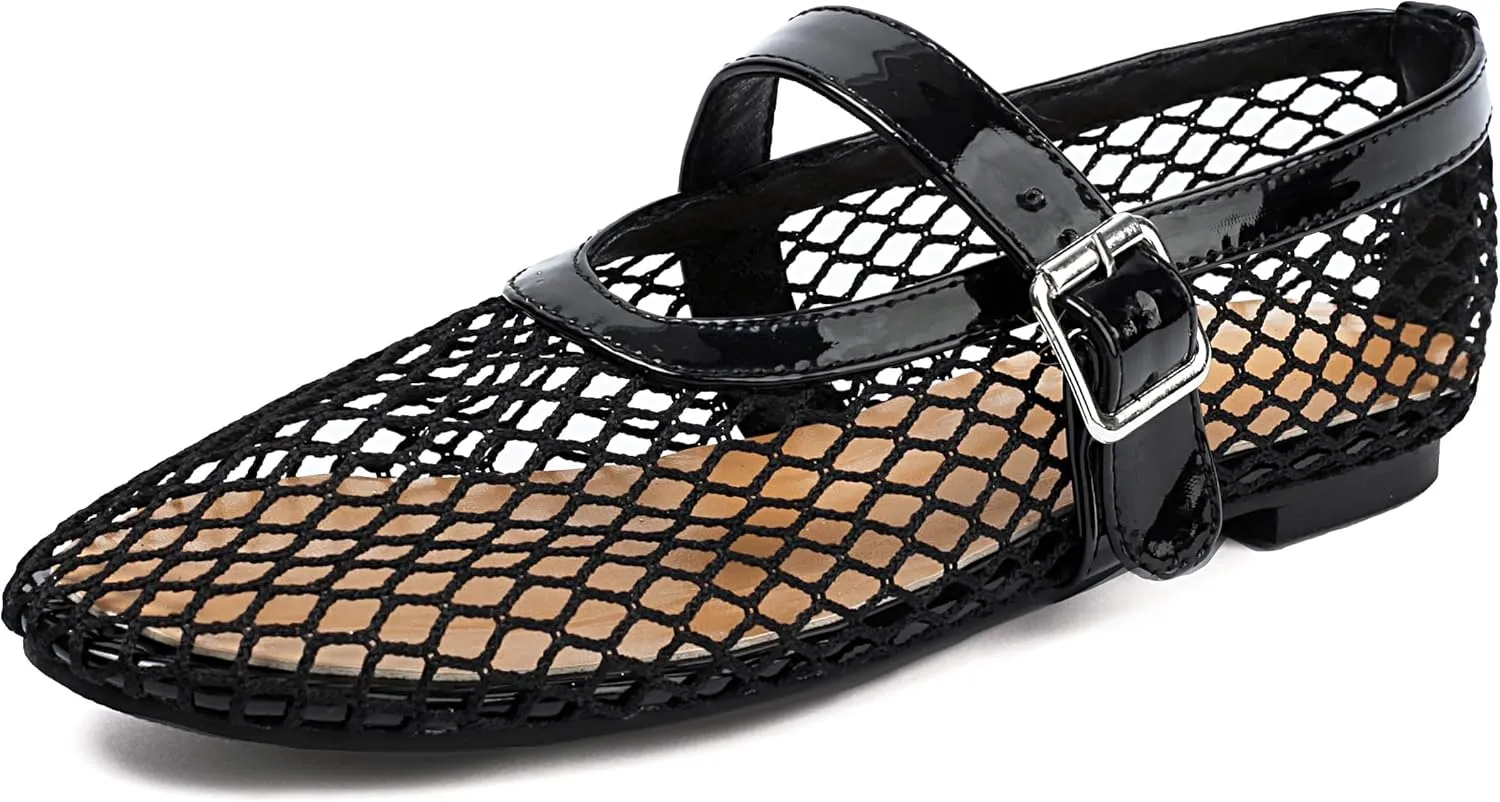 Women's Mesh Ballet Flats Mary Jane Ballerina Buckle Ankle Strap Round Toe Comfy Casual Office Shoes Closed Toe Dress Pumps
