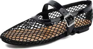 Women's Mesh Ballet Flats Mary Jane Ballerina Buckle Ankle Strap Round Toe Comfy Casual Office Shoes Closed Toe Dress Pumps