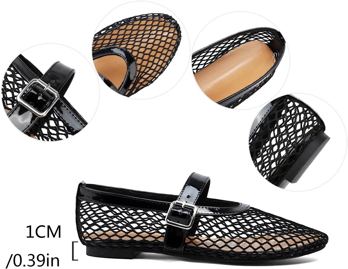 Women's Mesh Ballet Flats Mary Jane Ballerina Buckle Ankle Strap Round Toe Comfy Casual Office Shoes Closed Toe Dress Pumps