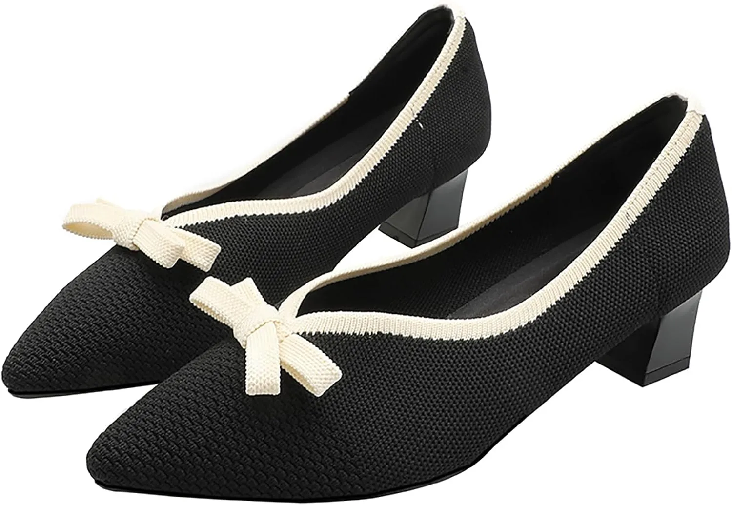 Women's Mesh Bow Low Chunky Heel Pumps Fashion Closed Pointed Toe Knit Slip-On Block Heels Dress Shoes for Wedding Party