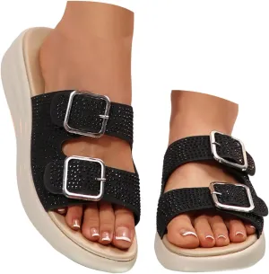 Women's Orthopedic Wedge Sandals Summer Casual Rhinestone Platform Fashionable Espadrille Cork Footbed Slide Sandals Open Toe Comfortable Arch Support Slip on Soft Soled Slippers