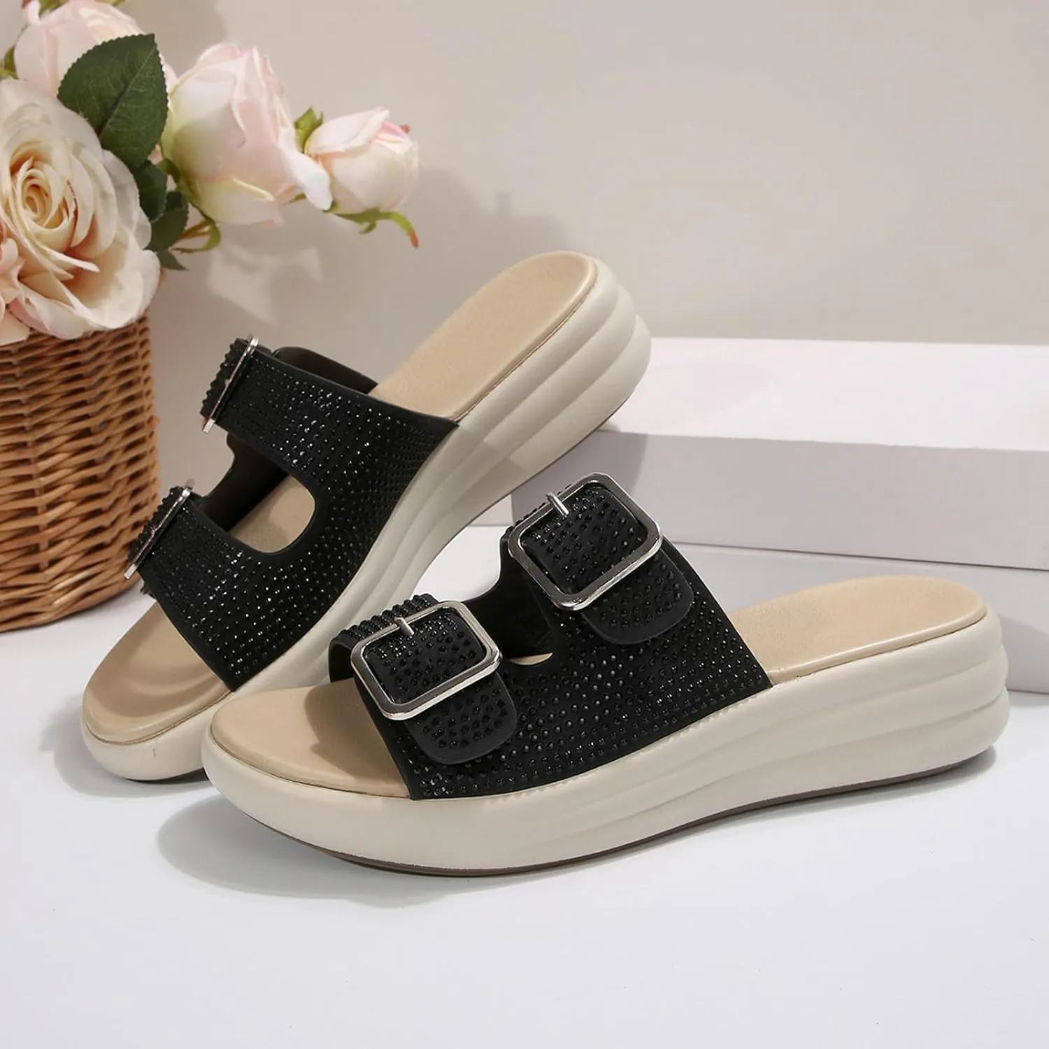 Women's Orthopedic Wedge Sandals Summer Casual Rhinestone Platform Fashionable Espadrille Cork Footbed Slide Sandals Open Toe Comfortable Arch Support Slip on Soft Soled Slippers