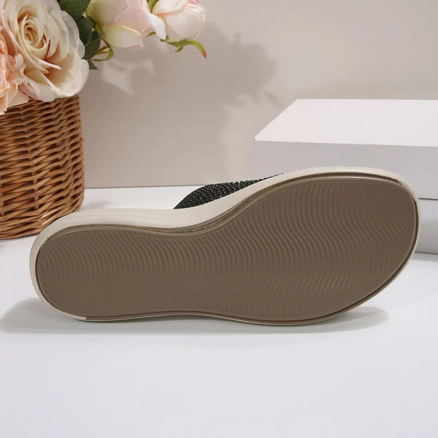 Women's Orthopedic Wedge Sandals Summer Casual Rhinestone Platform Fashionable Espadrille Cork Footbed Slide Sandals Open Toe Comfortable Arch Support Slip on Soft Soled Slippers