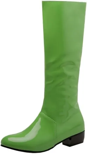 Womens Patent Leather Zip Up Knee High Flat Mid Calf Boots
