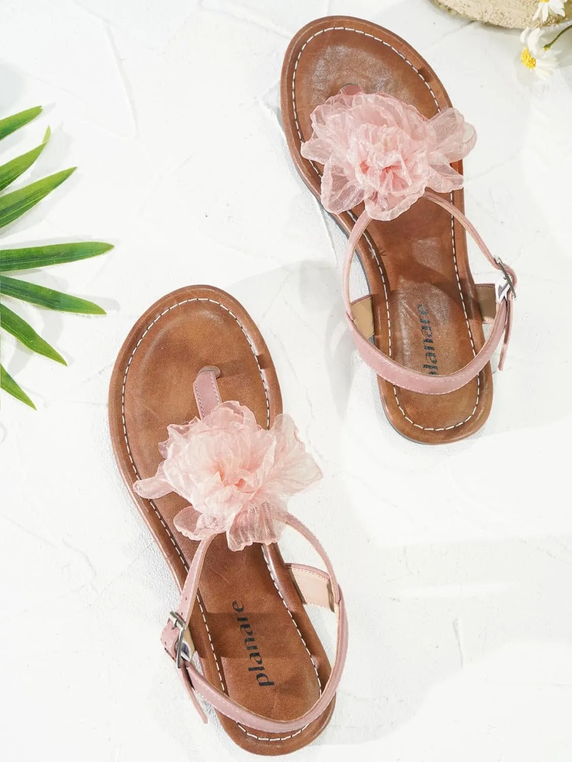 Womens Pink Leather T-Strap Flat Thong Sandals Round Open Toe with Flower Decoration and Ankle Strap with Adjustable Buckle Lightweight Comfy for Daily Wear