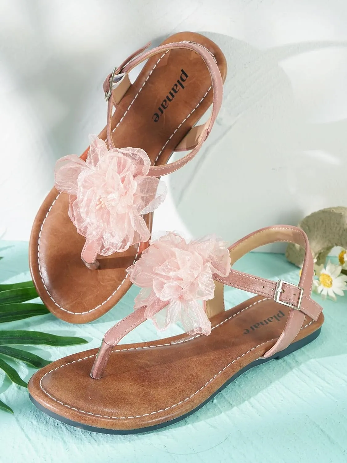 Womens Pink Leather T-Strap Flat Thong Sandals Round Open Toe with Flower Decoration and Ankle Strap with Adjustable Buckle Lightweight Comfy for Daily Wear