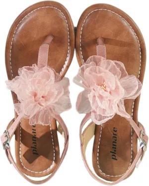 Womens Pink Leather T-Strap Flat Thong Sandals Round Open Toe with Flower Decoration and Ankle Strap with Adjustable Buckle Lightweight Comfy for Daily Wear