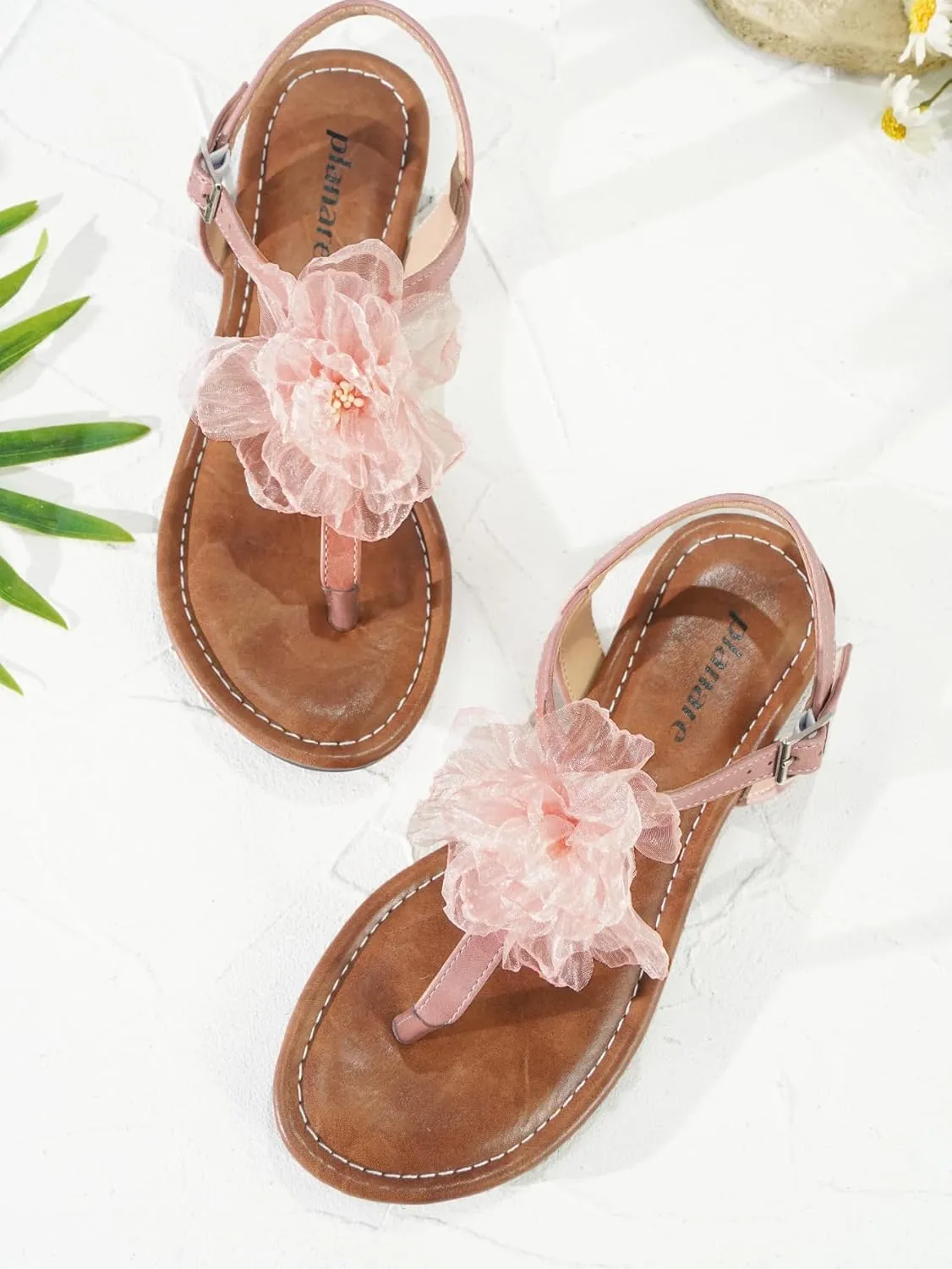 Womens Pink Leather T-Strap Flat Thong Sandals Round Open Toe with Flower Decoration and Ankle Strap with Adjustable Buckle Lightweight Comfy for Daily Wear