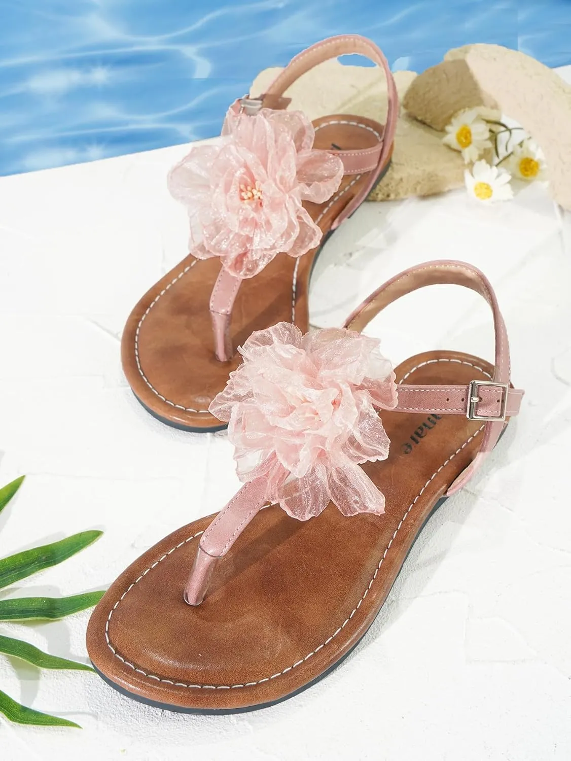 Womens Pink Leather T-Strap Flat Thong Sandals Round Open Toe with Flower Decoration and Ankle Strap with Adjustable Buckle Lightweight Comfy for Daily Wear