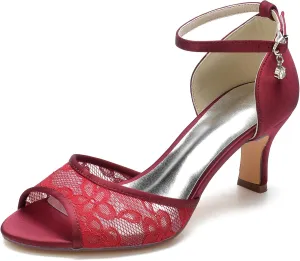 Women's Red Peep Toe Wedding Sandals, Mid Heel, Ankle Strap, Open Toe, Dressy, Flat Sandal