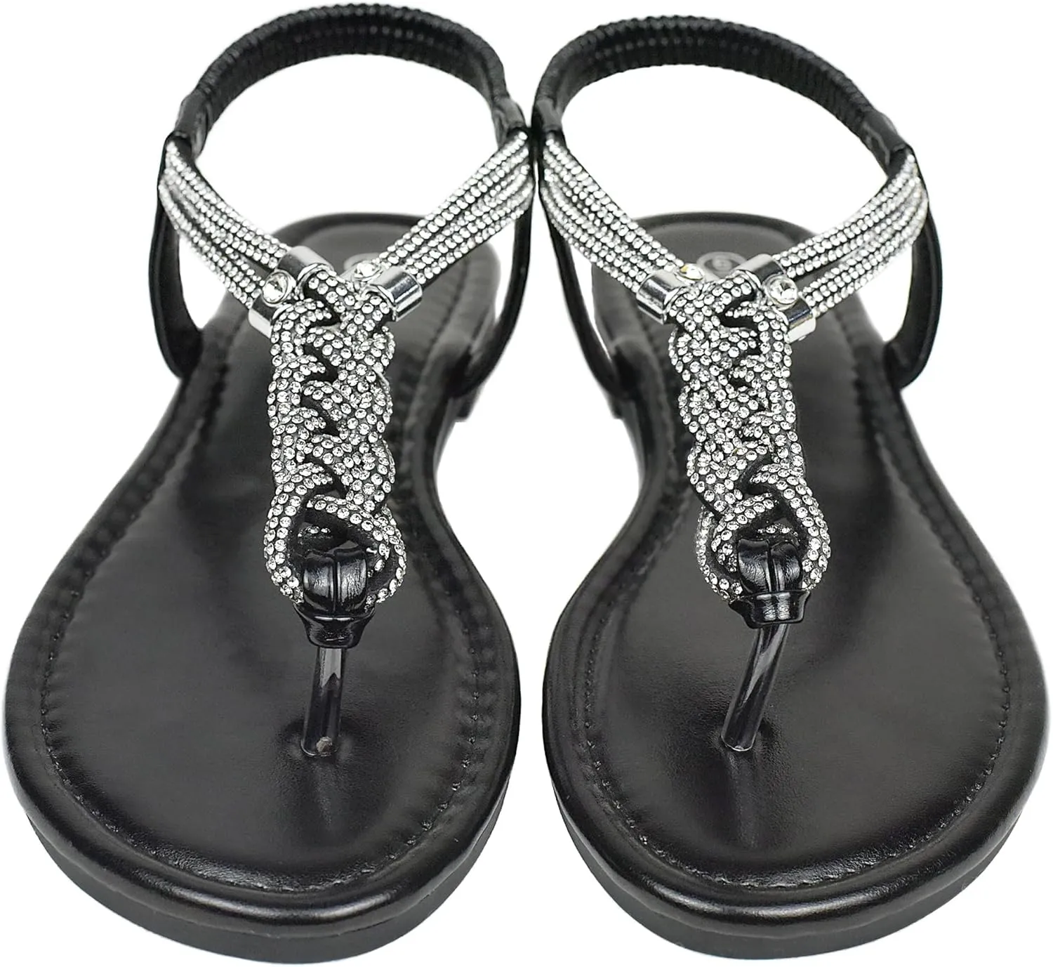 Women's Rhinestone Thong Flat Sandals Elastic Ankle Strap Bohemian Dressy Sandals for Women