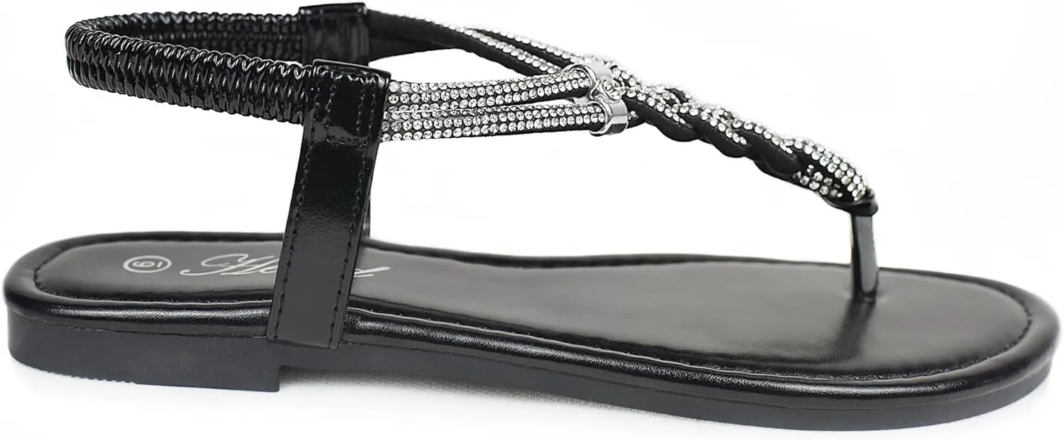 Women's Rhinestone Thong Flat Sandals Elastic Ankle Strap Bohemian Dressy Sandals for Women