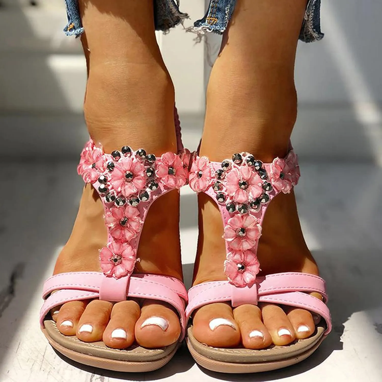 Women's Sandals Travel Summer Beach Sandals Comfortable Slip-On Flat Sandals Ankle Elastic Strap Shoes