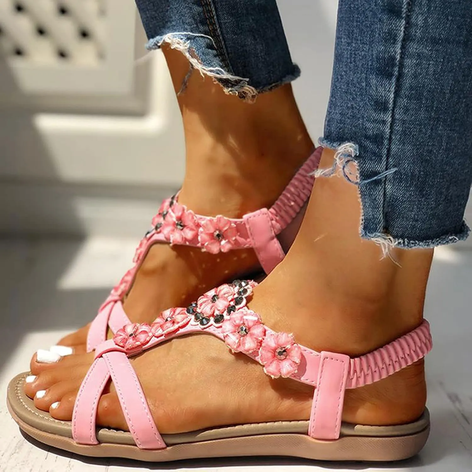 Women's Sandals Travel Summer Beach Sandals Comfortable Slip-On Flat Sandals Ankle Elastic Strap Shoes