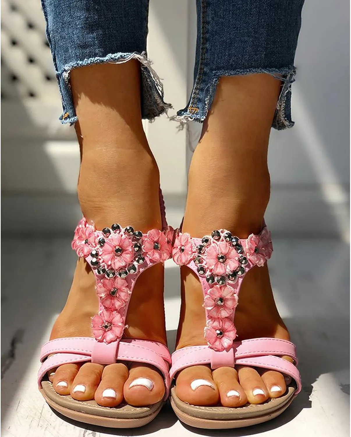 Women's Sandals Travel Summer Beach Sandals Comfortable Slip-On Flat Sandals Ankle Elastic Strap Shoes