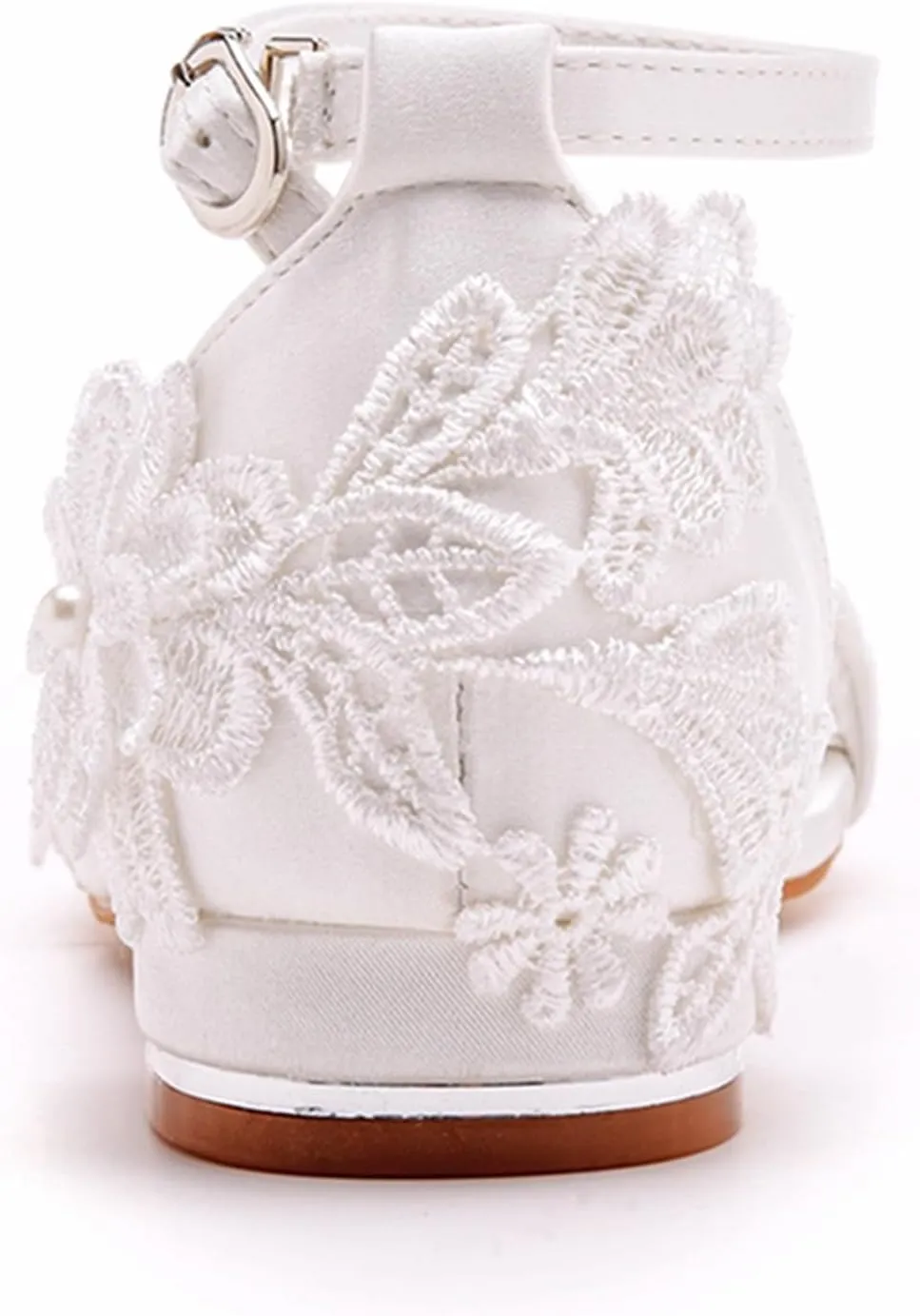 Women's Satin Flat Sandals, White Bridal Shoes Wedding Dress Lace Flower Shallow Mouth Open Toes Ankle Buckle Comfortable Casual Shoes, 41 EU,White