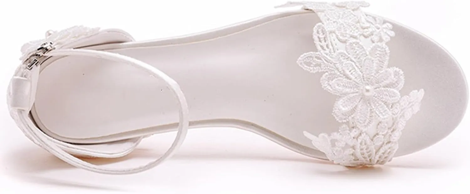 Women's Satin Flat Sandals, White Bridal Shoes Wedding Dress Lace Flower Shallow Mouth Open Toes Ankle Buckle Comfortable Casual Shoes, 41 EU,White