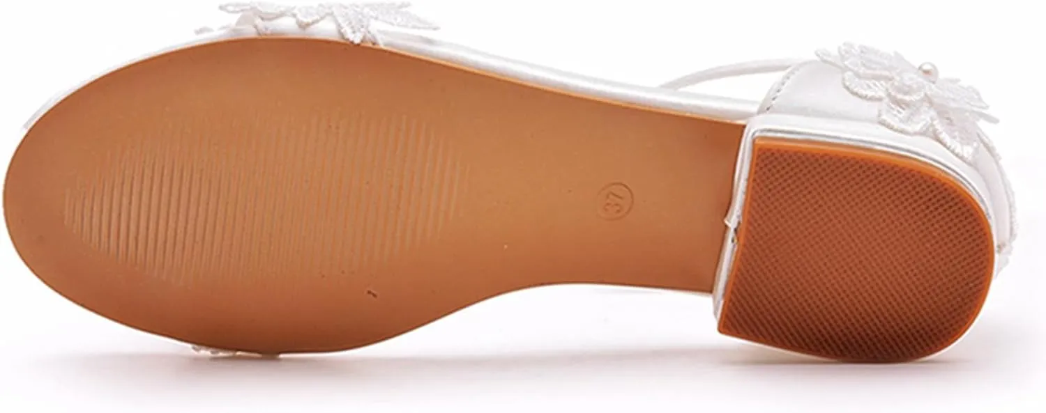 Women's Satin Flat Sandals, White Bridal Shoes Wedding Dress Lace Flower Shallow Mouth Open Toes Ankle Buckle Comfortable Casual Shoes, 41 EU,White