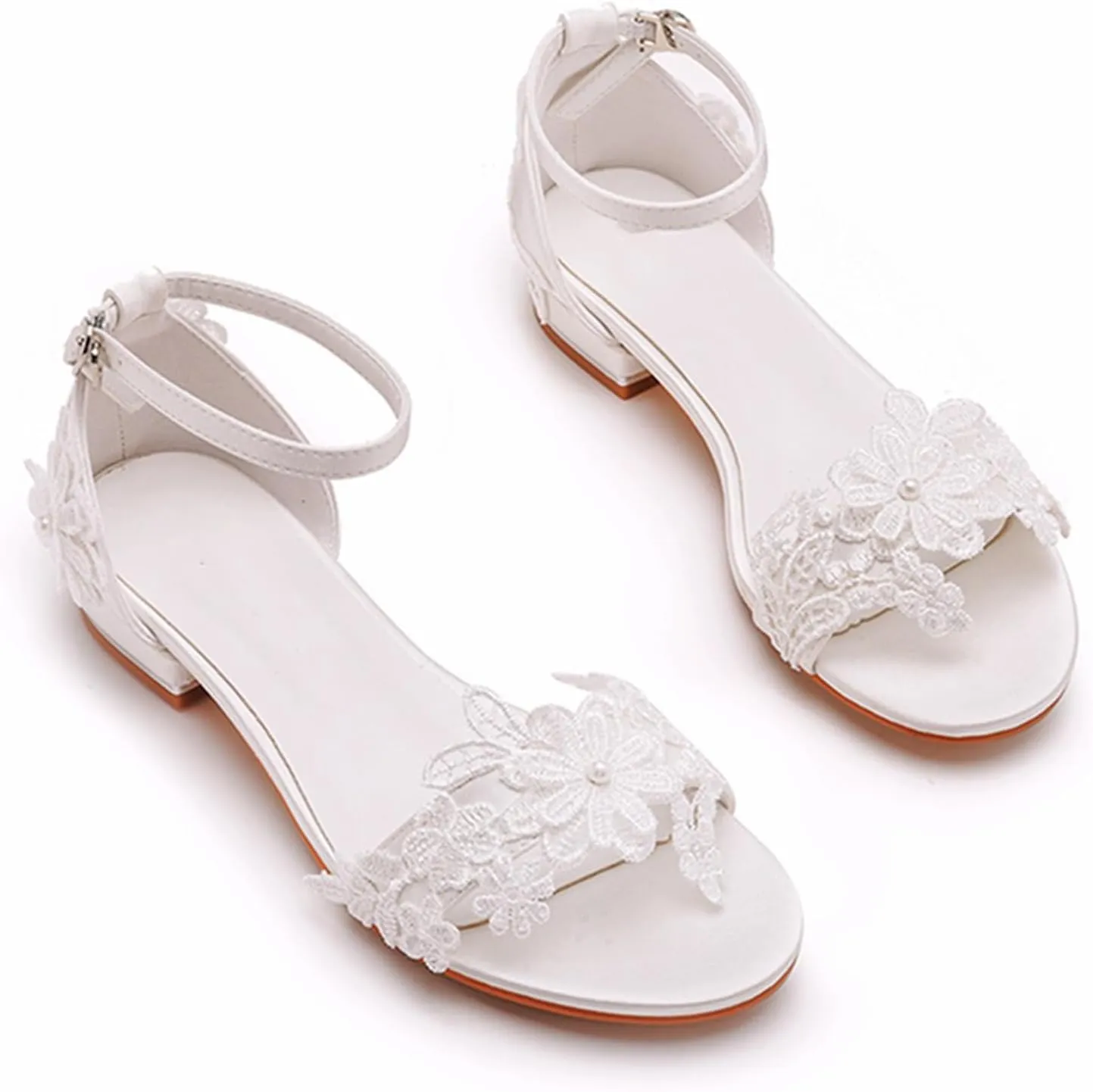 Women's Satin Flat Sandals, White Bridal Shoes Wedding Dress Lace Flower Shallow Mouth Open Toes Ankle Buckle Comfortable Casual Shoes, 41 EU,White