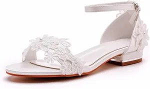 Women's Satin Flat Sandals, White Bridal Shoes Wedding Dress Lace Flower Shallow Mouth Open Toes Ankle Buckle Comfortable Casual Shoes, 41 EU,White