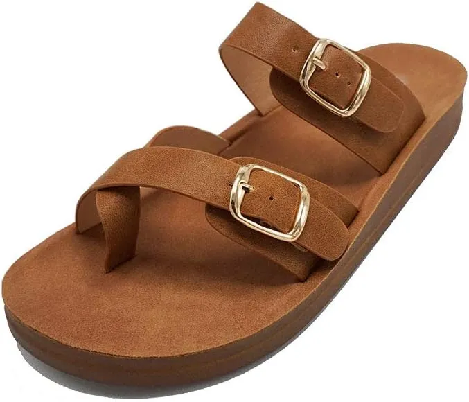 Women's Slide Sandal Thong Slip On Flip Flop Toe Loop Cork Buckle Faux Leather Beach Casual Platform Flat Shoes GR200