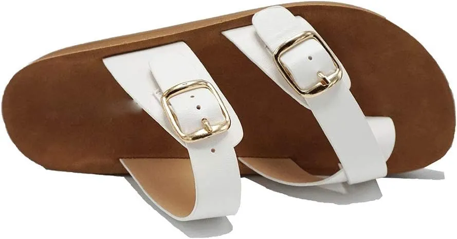 Women's Slide Sandal Thong Slip On Flip Flop Toe Loop Cork Buckle Faux Leather Beach Casual Platform Flat Shoes GR200