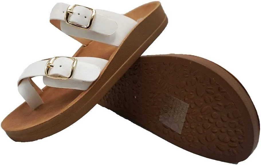 Women's Slide Sandal Thong Slip On Flip Flop Toe Loop Cork Buckle Faux Leather Beach Casual Platform Flat Shoes GR200