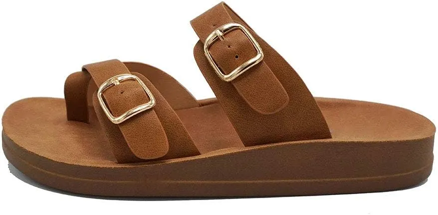 Women's Slide Sandal Thong Slip On Flip Flop Toe Loop Cork Buckle Faux Leather Beach Casual Platform Flat Shoes GR200