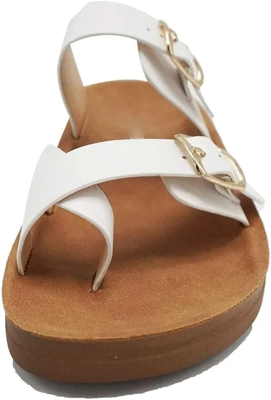 Women's Slide Sandal Thong Slip On Flip Flop Toe Loop Cork Buckle Faux Leather Beach Casual Platform Flat Shoes GR200