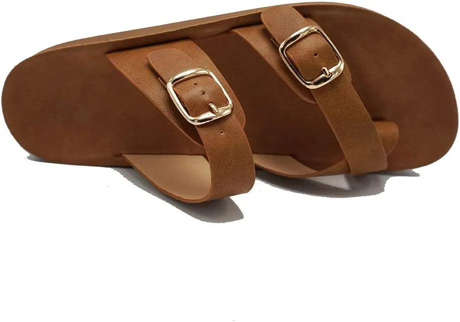Women's Slide Sandal Thong Slip On Flip Flop Toe Loop Cork Buckle Faux Leather Beach Casual Platform Flat Shoes GR200