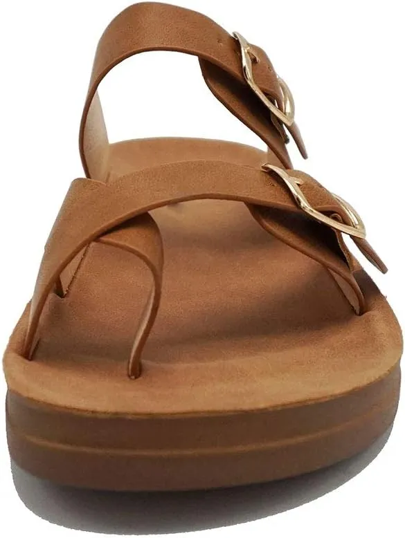 Women's Slide Sandal Thong Slip On Flip Flop Toe Loop Cork Buckle Faux Leather Beach Casual Platform Flat Shoes GR200