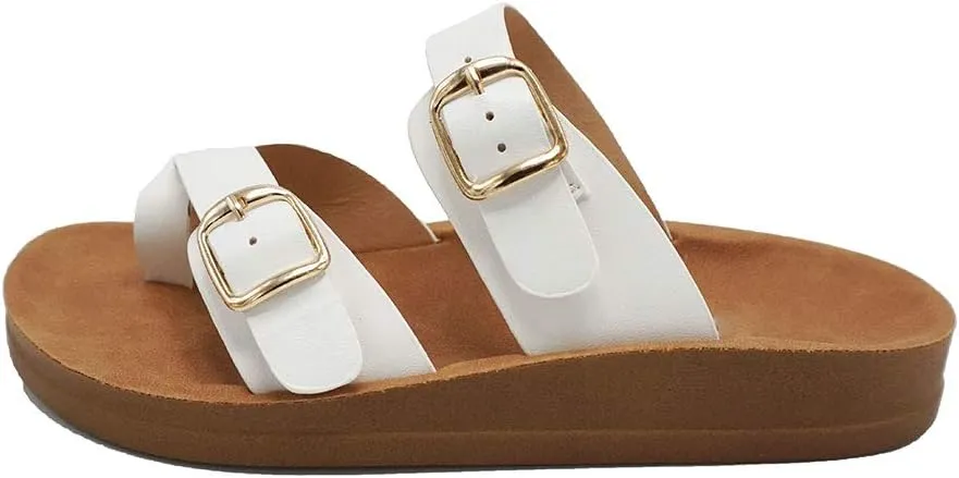 Women's Slide Sandal Thong Slip On Flip Flop Toe Loop Cork Buckle Faux Leather Beach Casual Platform Flat Shoes GR200