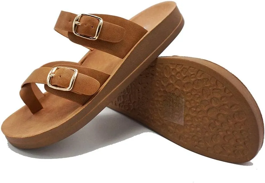 Women's Slide Sandal Thong Slip On Flip Flop Toe Loop Cork Buckle Faux Leather Beach Casual Platform Flat Shoes GR200