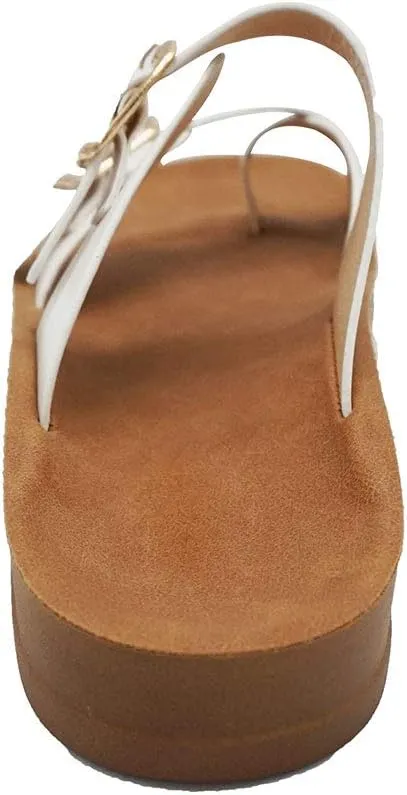 Women's Slide Sandal Thong Slip On Flip Flop Toe Loop Cork Buckle Faux Leather Beach Casual Platform Flat Shoes GR200