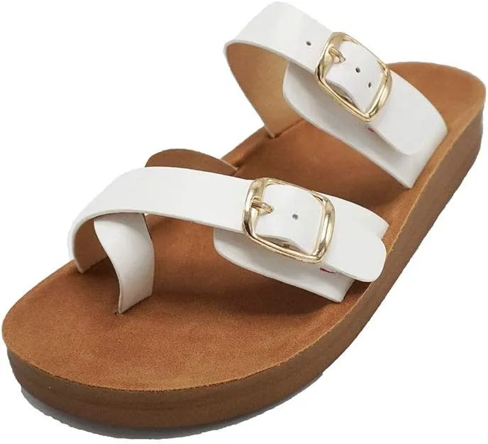 Women's Slide Sandal Thong Slip On Flip Flop Toe Loop Cork Buckle Faux Leather Beach Casual Platform Flat Shoes GR200