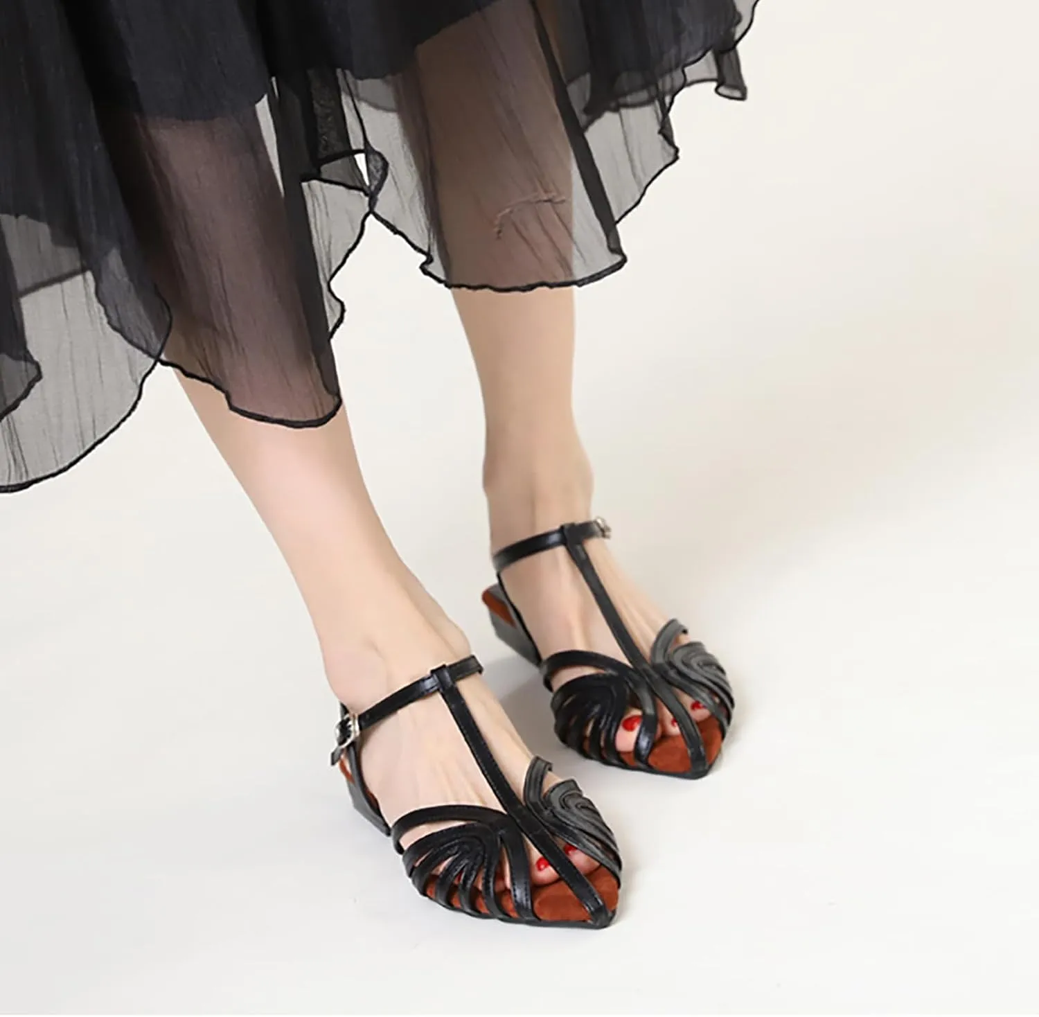 Women'S Strappy Pointed Closed Toe Low Chunky Heel Roman Sandals Fashion Adjustable Buckle Cut Out Cage Comfortable Flat Fisherman Sandals Casual Summer Breathable T Strap Beach Sandals