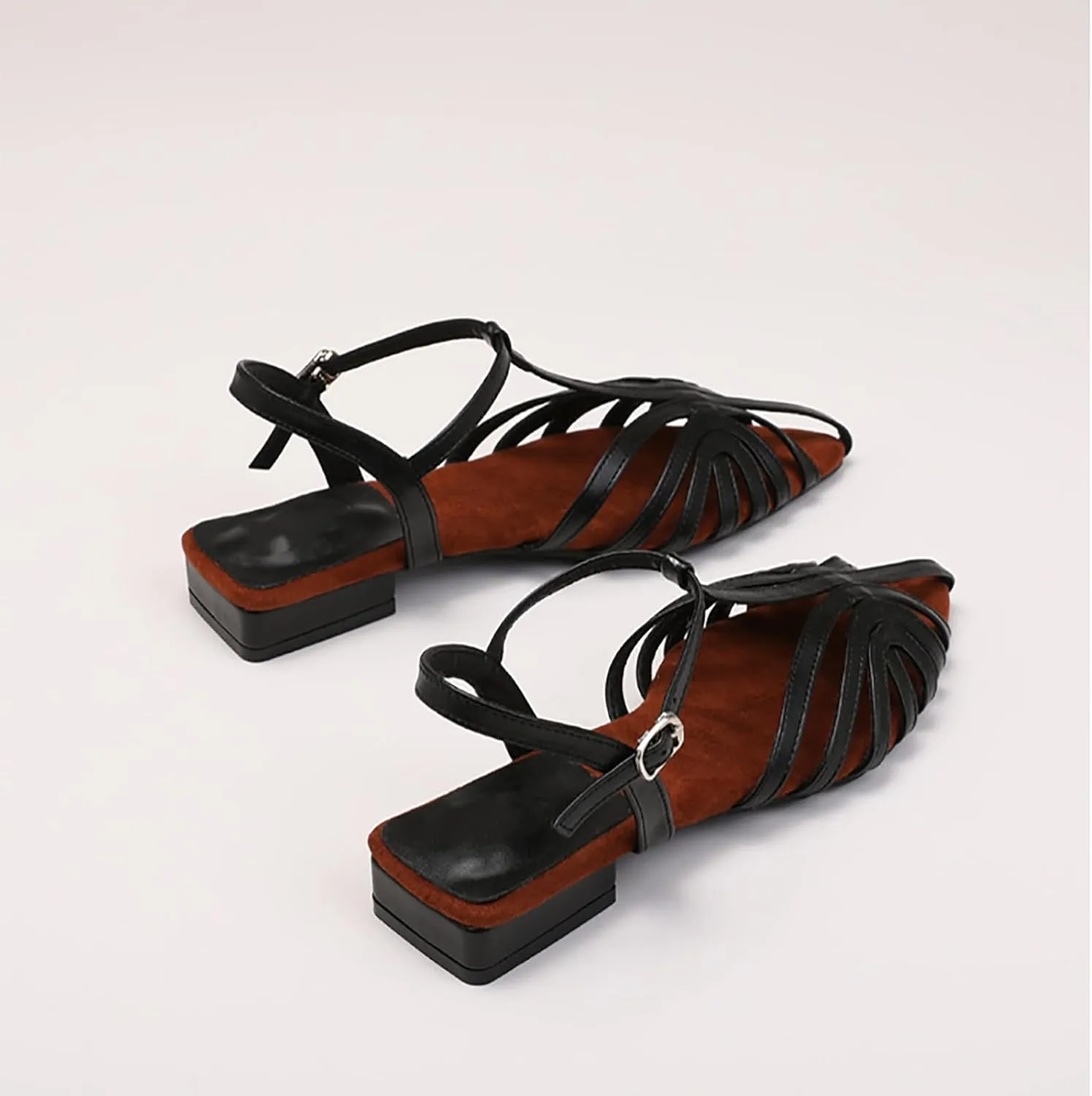 Women'S Strappy Pointed Closed Toe Low Chunky Heel Roman Sandals Fashion Adjustable Buckle Cut Out Cage Comfortable Flat Fisherman Sandals Casual Summer Breathable T Strap Beach Sandals