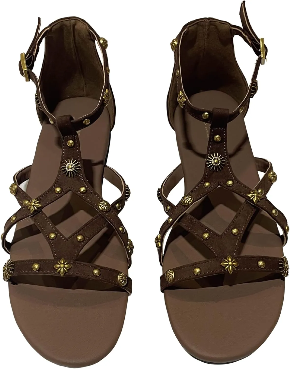 Women's Strappy Sandals with Gold Studded Details, Black, Ankle Strap Sandals with Studs and Floral Details