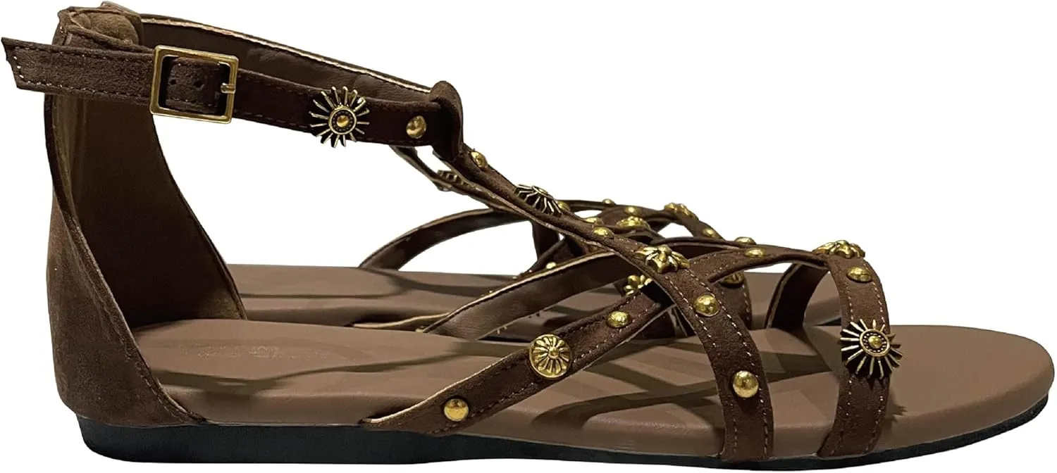 Women's Strappy Sandals with Gold Studded Details, Black, Ankle Strap Sandals with Studs and Floral Details