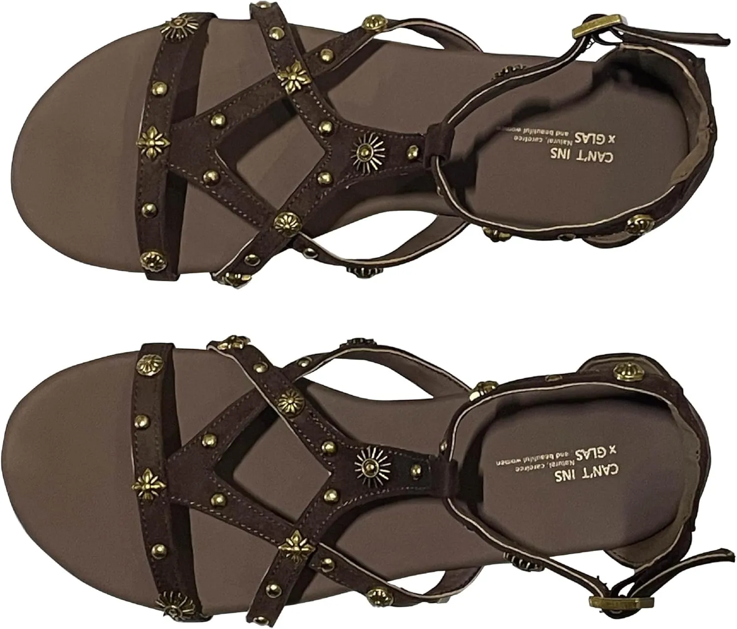 Women's Strappy Sandals with Gold Studded Details, Black, Ankle Strap Sandals with Studs and Floral Details